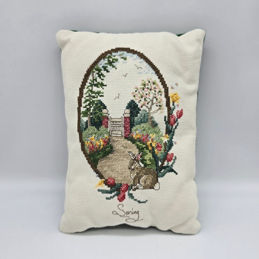 Spring Handmade Cross-Stitch Pattern Pillow Multicolor Small Green Back Floral